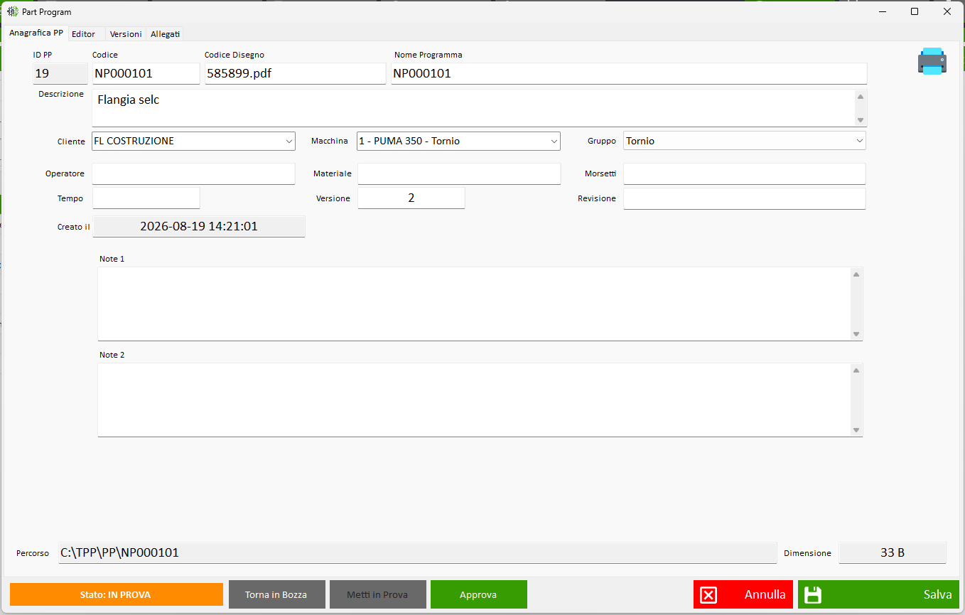 Anagrafica del part-program con cliente, macchina, gruppo, materiale e note