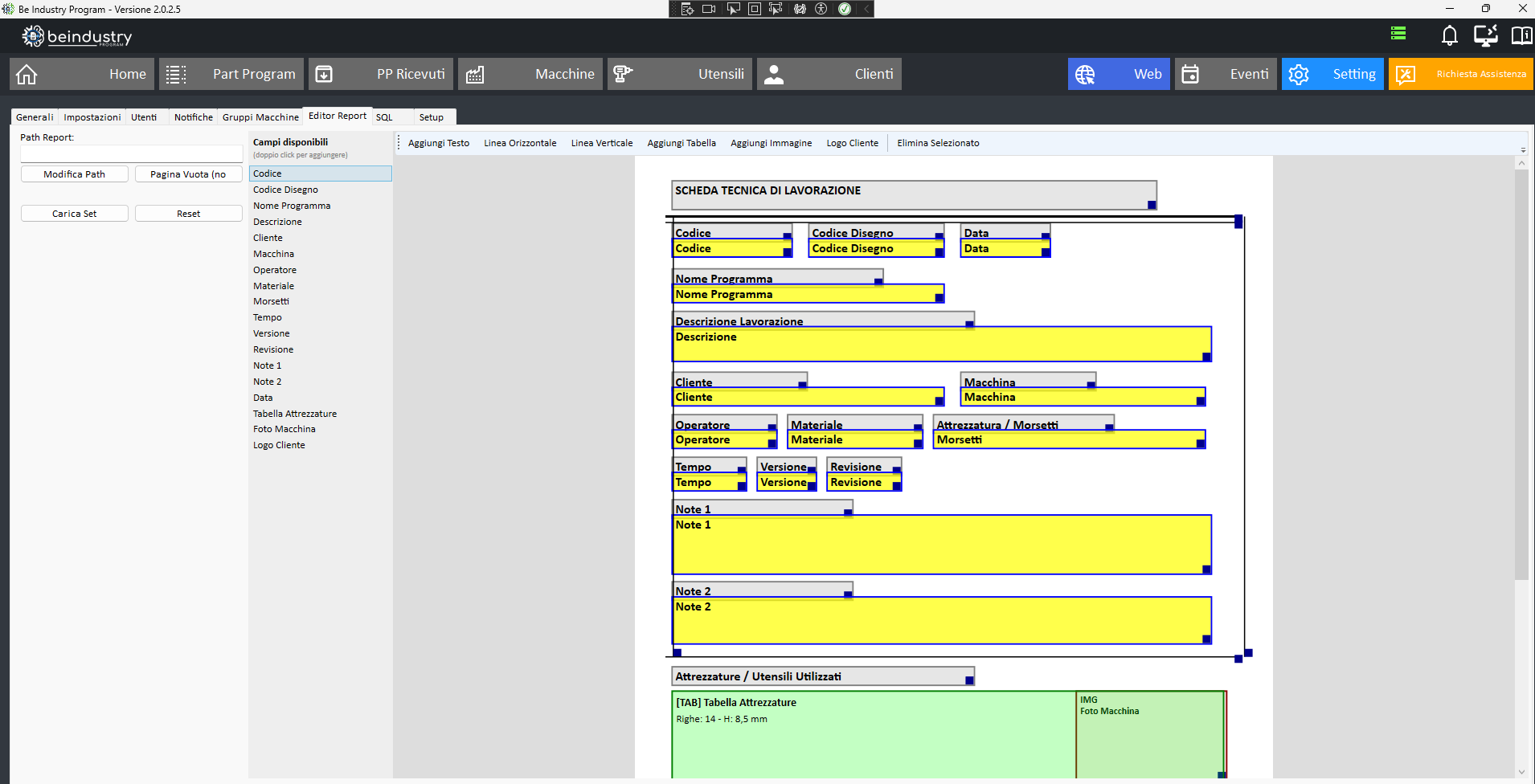 Editor visuale della scheda tecnica PDF con campi trascinabili