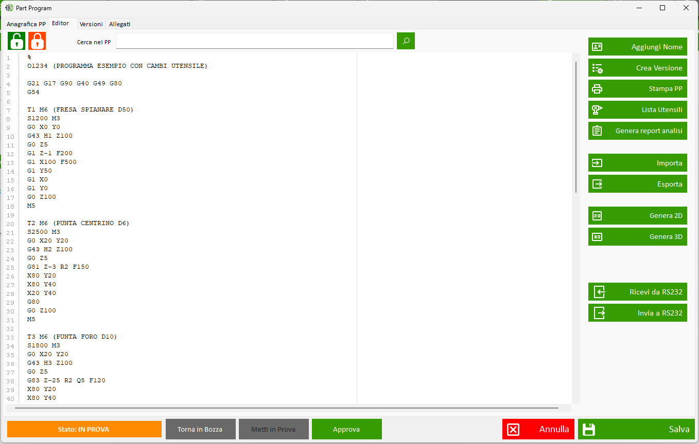 Editor part-program con G-code, ricerca e pulsanti: crea versione, stampa, lista utensili, genera 2D/3D, RS232