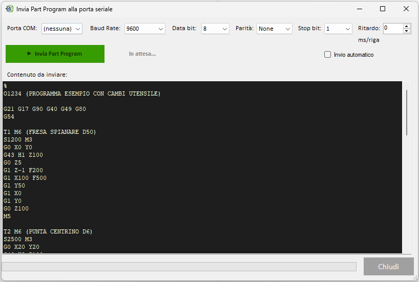 Finestra di invio del part-program sulla porta seriale, con porta COM, baud rate, parità e anteprima del programma