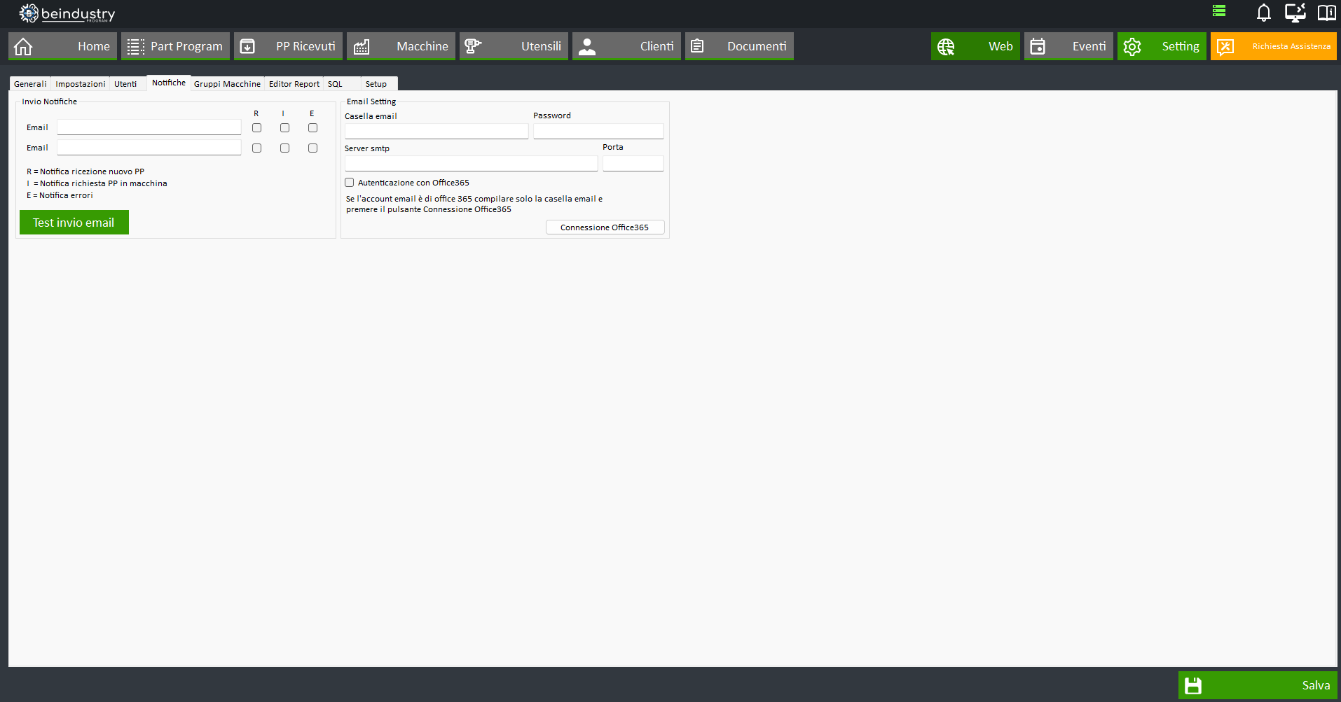 Impostazioni notifiche email con indirizzi, server SMTP e supporto Office 365