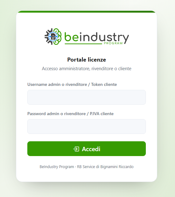 Accesso al portale licenze BeIndustry, per amministratore, rivenditore o cliente