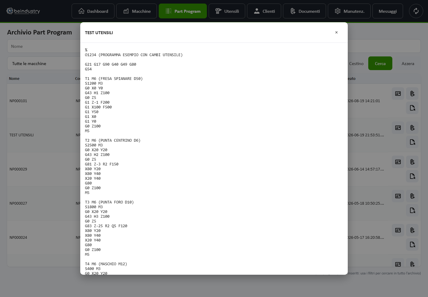 Anteprima del G-code di un part program aperta dalla web app
