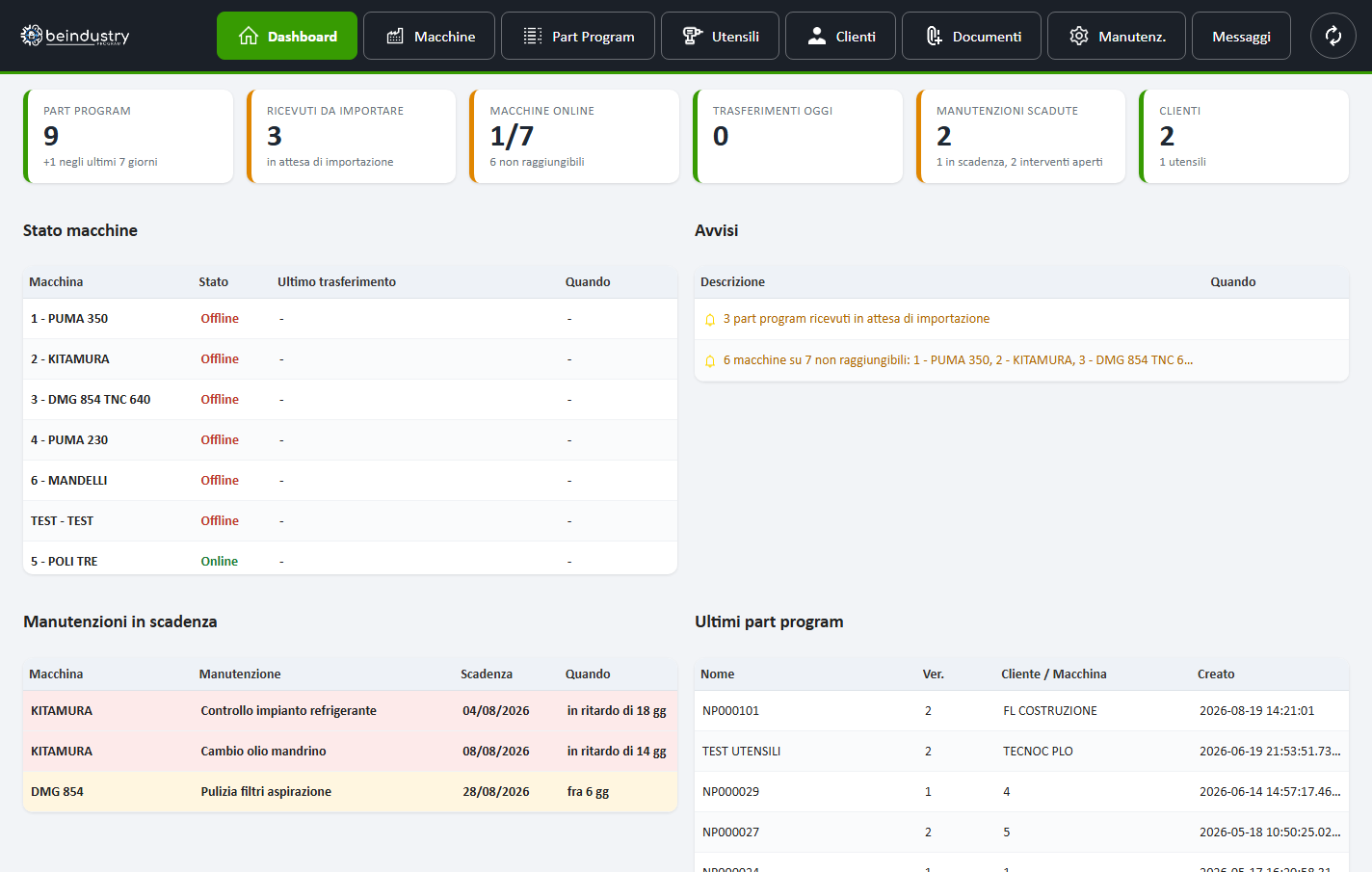 Web app BeIndustry: dashboard con stato macchine, avvisi e manutenzioni in scadenza