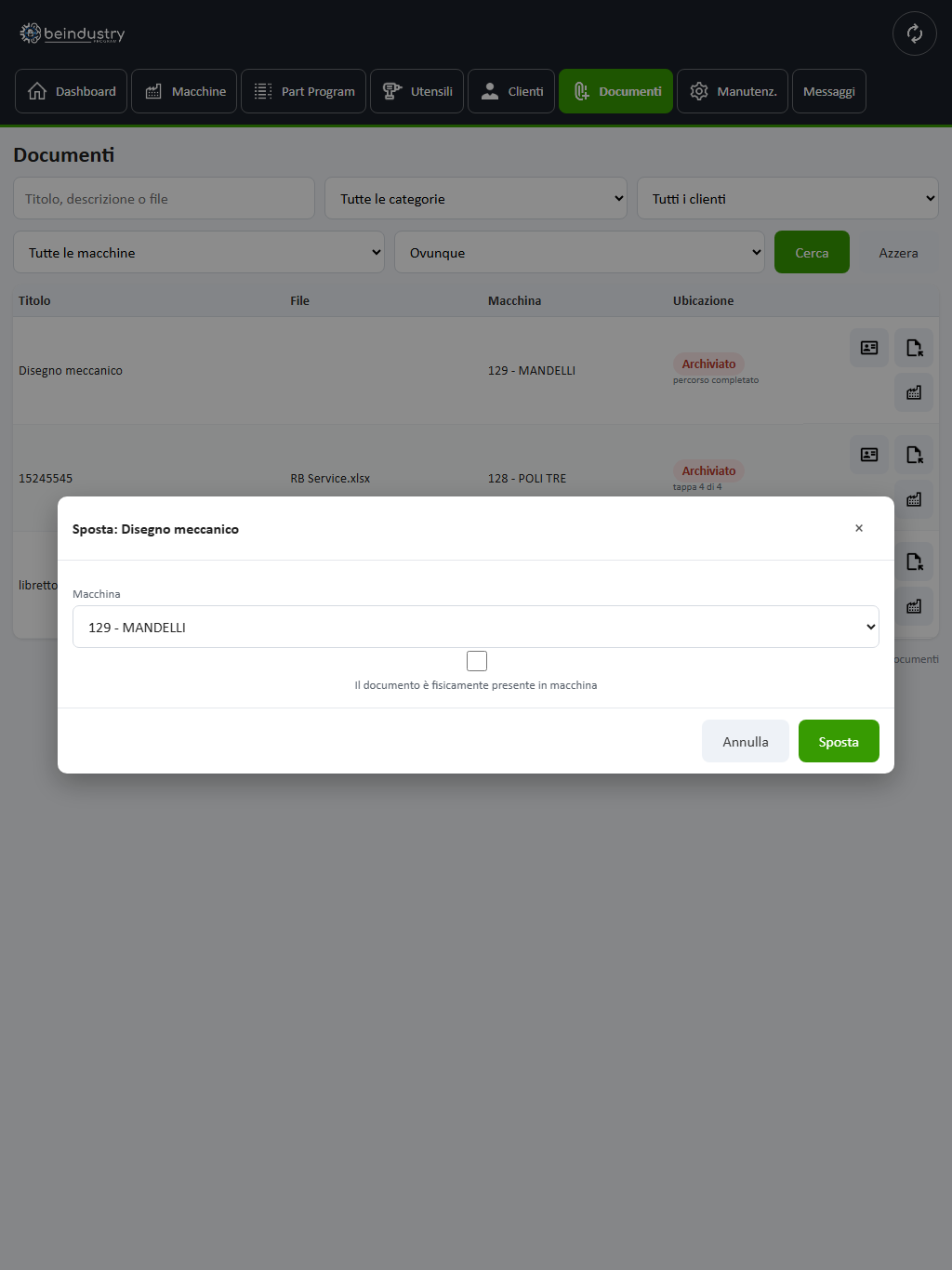 Spostamento di un documento su un'altra macchina dalla web app